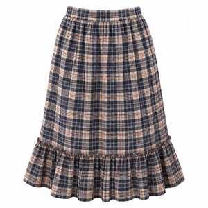 Vintage Sears Jr Bazaar Plaid Midi Skirt Blue Tan Cotton Ruffle Hem 26 Waist